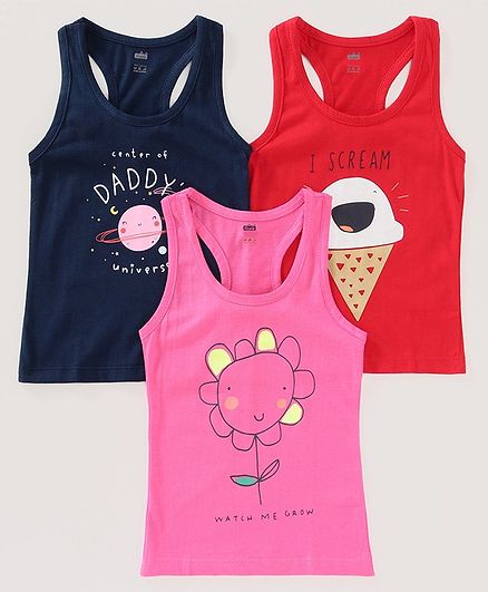 Simply Sleeveless Racer Back Vests Multi Print Set of 3 - Pink Blue Red