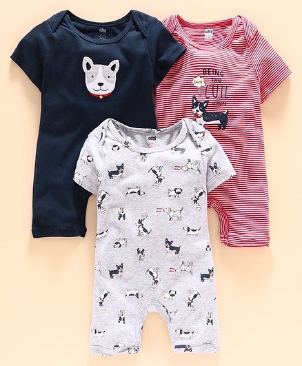 Simply Half Sleeves Romper Puppy Print Pack of 3 - Red Grey Navy Blue