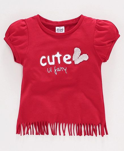 Simply Frill Border Puffed Sleeves Top Text Patch - Red