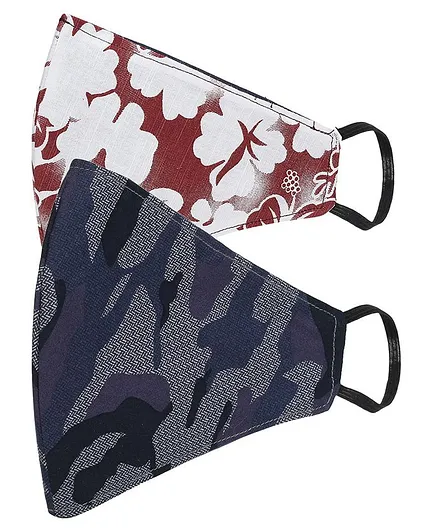 AKSHARA 2Ply Flower Printed Pack Of 2 Mask - Maroon & Navy