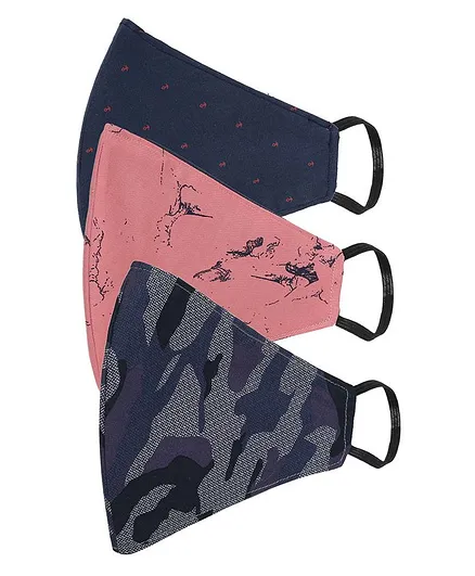 AKSHARA 2Ply Camouflage Printed Pack Of 3 Masks - Navy & Peach