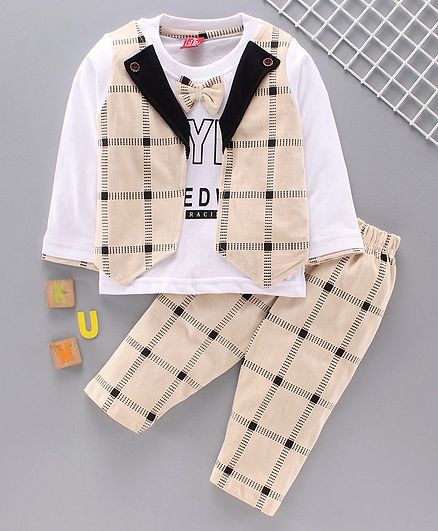 Jb Club Full Sleeves Tee With Checked Bottom - Beige