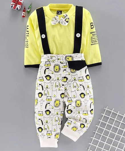 Jb Club Full Sleeves Tee With Bear Print Dungaree - Yellow