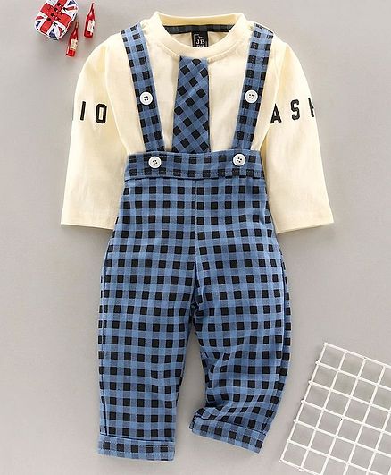 Jb Club Full Sleeves Tee With Checked Dungaree - Blue