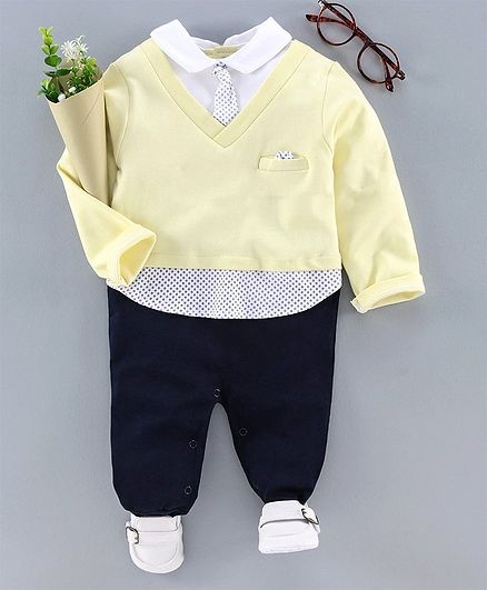 Jb Club Tiny Dot Print Full Sleeves Romper - Yellow