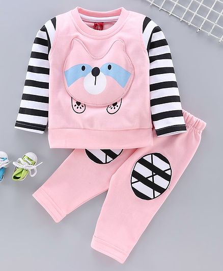 Jb Club Bear Patch Full Sleeves Tee With Bottom - Pink