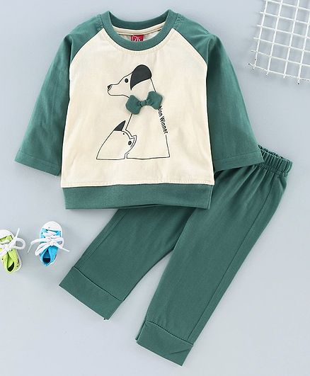 Jb Club Dog Print Full Sleeves Tee With Bottom - Green