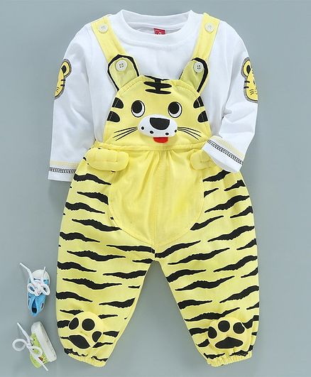 Jb Club Full Sleeves Tee With Tiger Theme Dungaree - Yellow