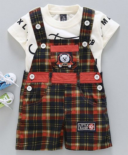 Jb Club Half Sleeves Tee With Checked Dungaree - Rust