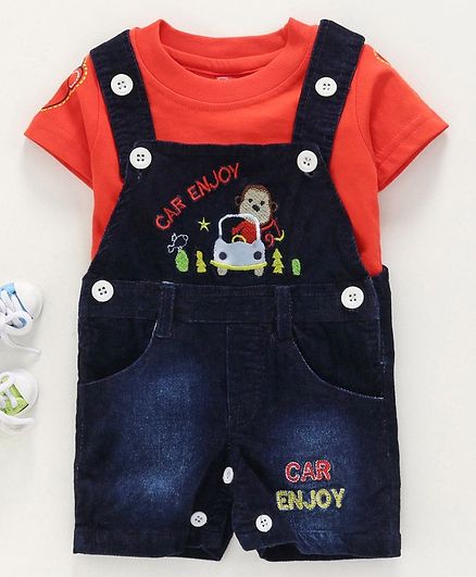 Jb Club Half Sleeves Tee With Monkey Embroidered Dungaree - Red