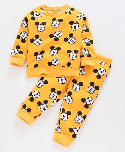 Babyhug Full Sleeves Night Suit Mickey Mouse Print - Yellow
