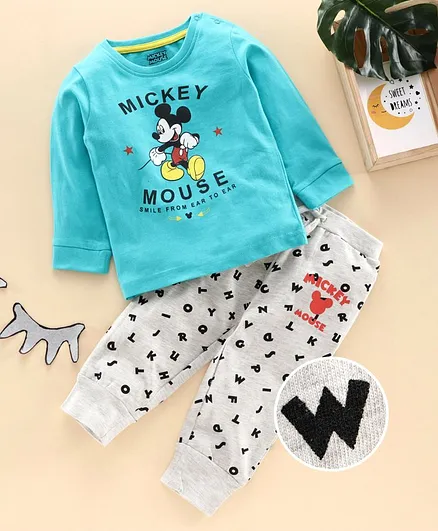 Disney by Babyhug Full Sleeves Night Suit Mickey Mouse Print - Blue Light Grey