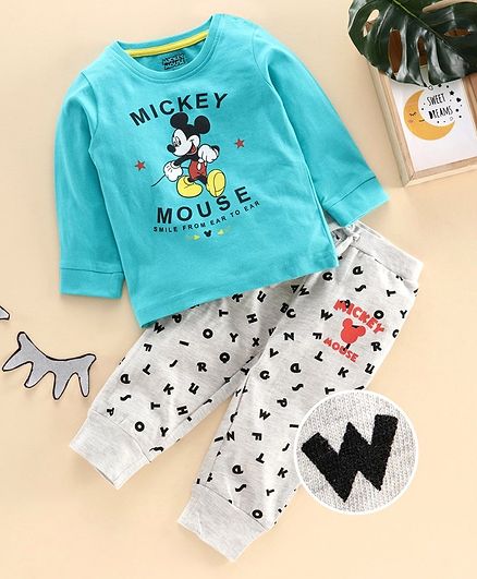 Disney by Babyhug Full Sleeves Night Suit Mickey Mouse Print - Blue Light Grey