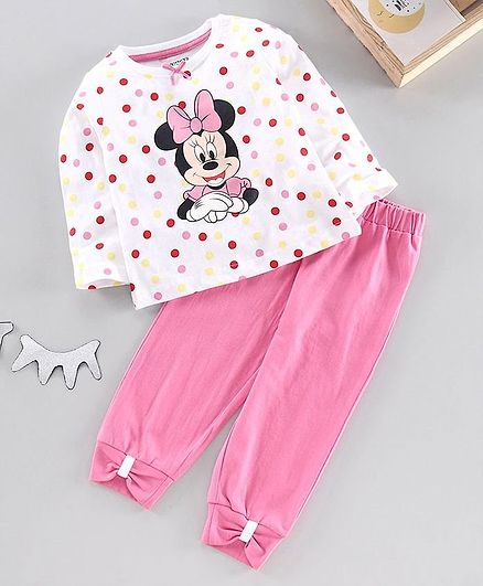 Disney by Babyhug Full Sleeves Night Suit Minnie Mouse Print - White Pink