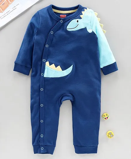 Babyhug 100% Cotton Full Length Romper Dino Embroidered - Blue