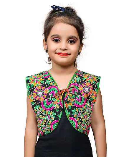 Banjara India Sleeveless Flower Embroidery Ethnic Jacket - Black