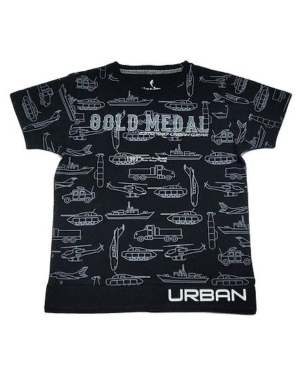 Hop n Jump Urban Gold Medal Print Half Sleeves Tee - Black