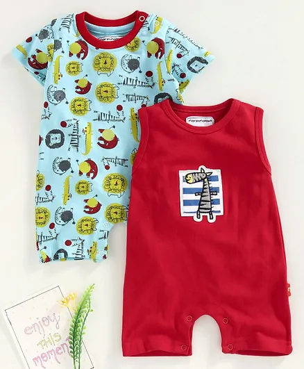 marshmallows Half Sleeves and Sleeveless Romper Animal Print Pack of 2 - Blue Red