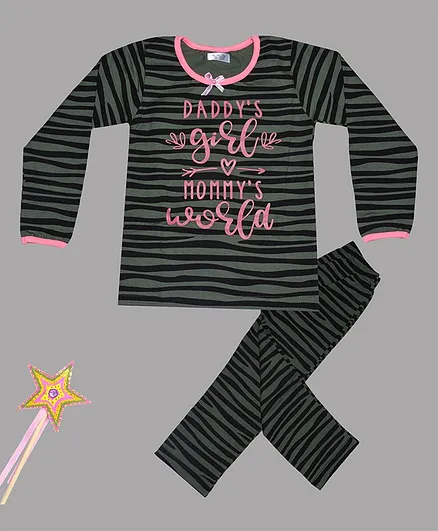 Sheer Love Full Sleeves Daddy's Girl & Mommy's World Printed Night Suit - Olive Green