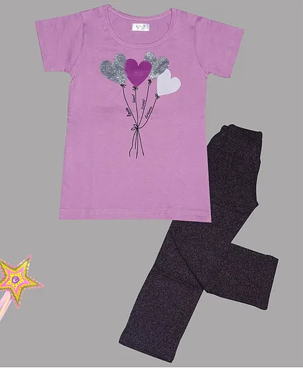 Sheer Love Half Sleeves Heart Shape Balloons Printed Night Suit - Purple