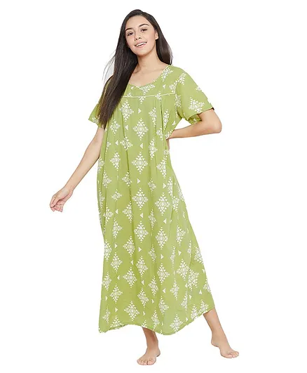 Clovia Half Sleeves Block Print Detailing Maternity Nighty - Light Green
