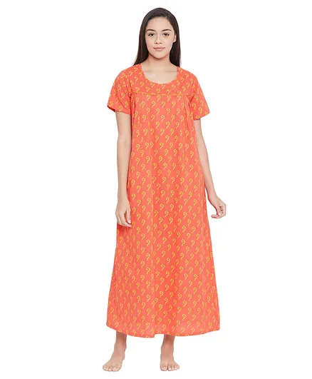 Clovia Half Sleeves Printed Maternity Nighty - Orange