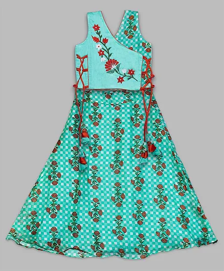 Kinder Kids Sleeveless Floral Embroidery Choli With Flared Lehenga Set - Sea Green