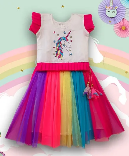 Kinder Kids Cap Sleeves Unicorn Printed Top With Rainbow Colors Netted Skirt Set - Multicolor