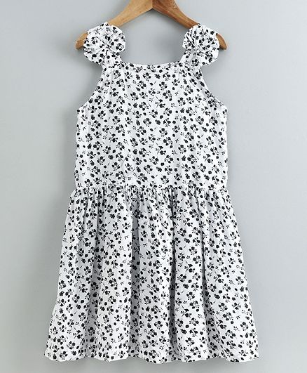 Little LABS Sleeveless Floral Print Front Bow Detailing Dress - White & Brown