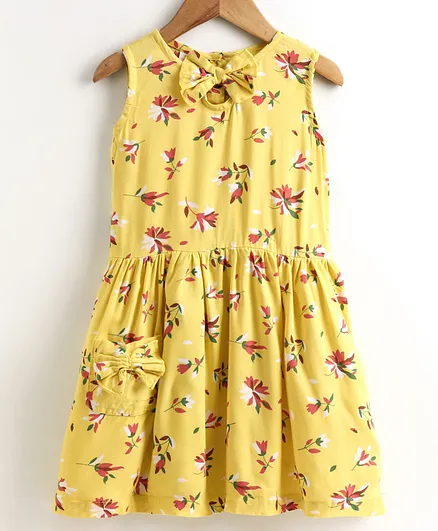 Little LABS Sleeveless Floral Print Bow Detailing Dress - Yellow