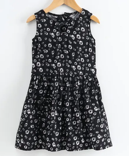 Little LABS Sleeveless Floral Print Bow Detailing Dress - Black