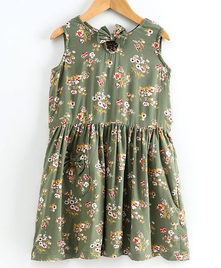Little LABS Sleeveless Floral Print Bow Detailing Dress - Green
