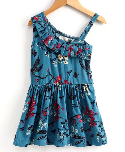 Little LABS Sleeveless Floral Print Pleated Detailing Dress - Blue