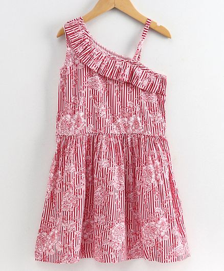Little LABS Striped Sleeveless Floral Print Dress - Red & White