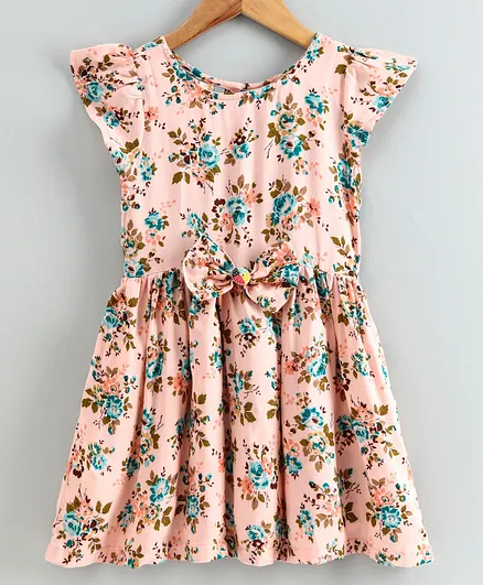 Little LABS Cap Sleeves Floral Print Flared Dress - Peach