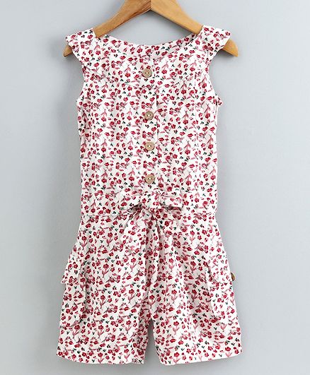Little LABS Sleeveless Floral Print Jumpsuit - White & Red