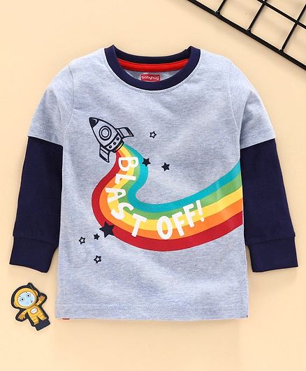 Babyhug Full Sleeves Tee Rocket Print - Grey