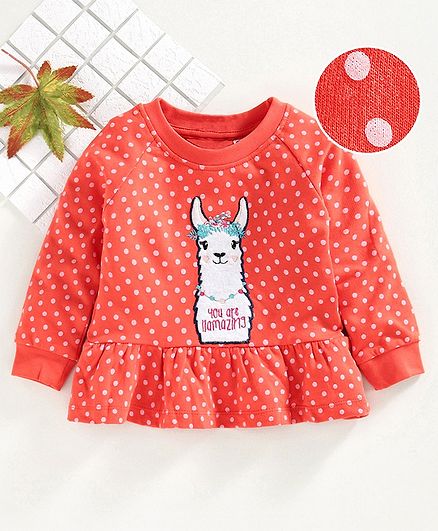 Babyhug Full Sleeves Sweatshirt with Applique Polka Dot Print - Peach