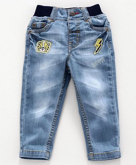 Babyhug Full Length Jeans Tiger Patch - Light Blue