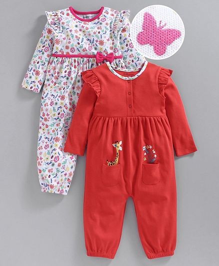 Babyoye Full Sleeves Cotton Romper Floral Print - Red