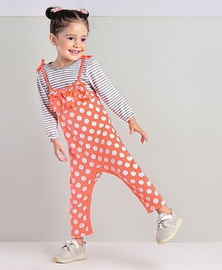 Babyoye Dungaree with Full Sleeves Inner Tee Polka Dot Print - Orange