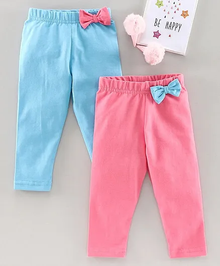 Babyhug Full Length Solid Colour Leggings Bow Applique Pack of 2 - Light Pink Sky Blue