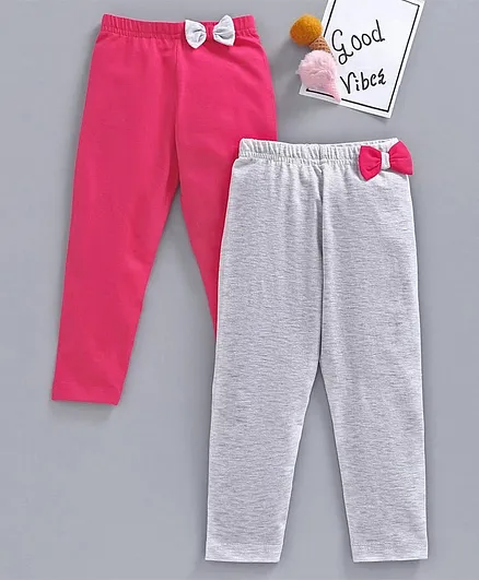 Babyhug Full Length Solid Colour Leggings Bow Applique Pack of 2 - Fuchsia Light Grey