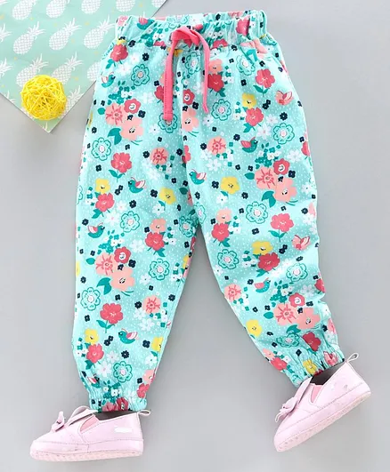Babyhug Full Length Lounge Pant With Drawstring Floral Print - Sea Blue