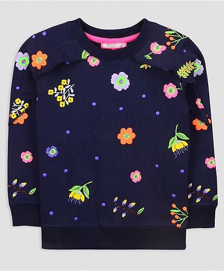 Cherry Crumble By Nitt Hyman Full Sleeves Flower Embroidery Detailing Sweatshirt - Navy Blue