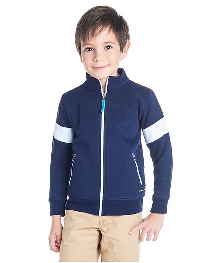 Cherry Crumble By Nitt Hyman Full Sleeves Contrast Arm Band High Neck Jacket - Blue