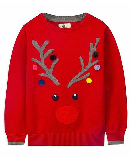 Cherry Crumble By Nitt Hyman Full Sleeves Deer Pattern Sweater - Red