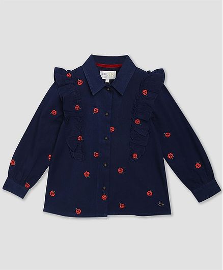Cherry Crumble By Nitt Hyman Full Sleeves Flower Embroidery Frilly Top - Navy Blue