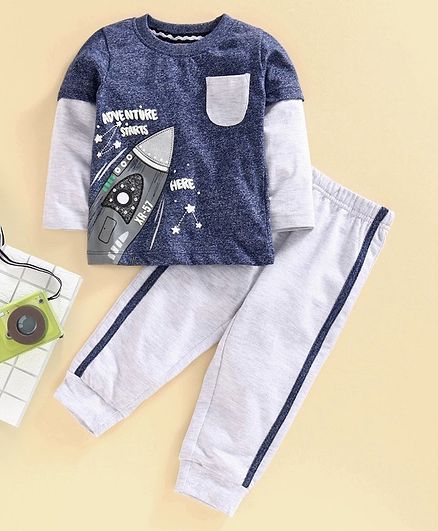 Babyhug Doctor Sleeves T-Shirt and Bottom Set Rocket Print - Blue
