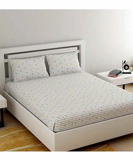 Haus & Kinder Modern Polkas 100% Cotton Bed Sheet with 2 Pillow Covers - White Green
